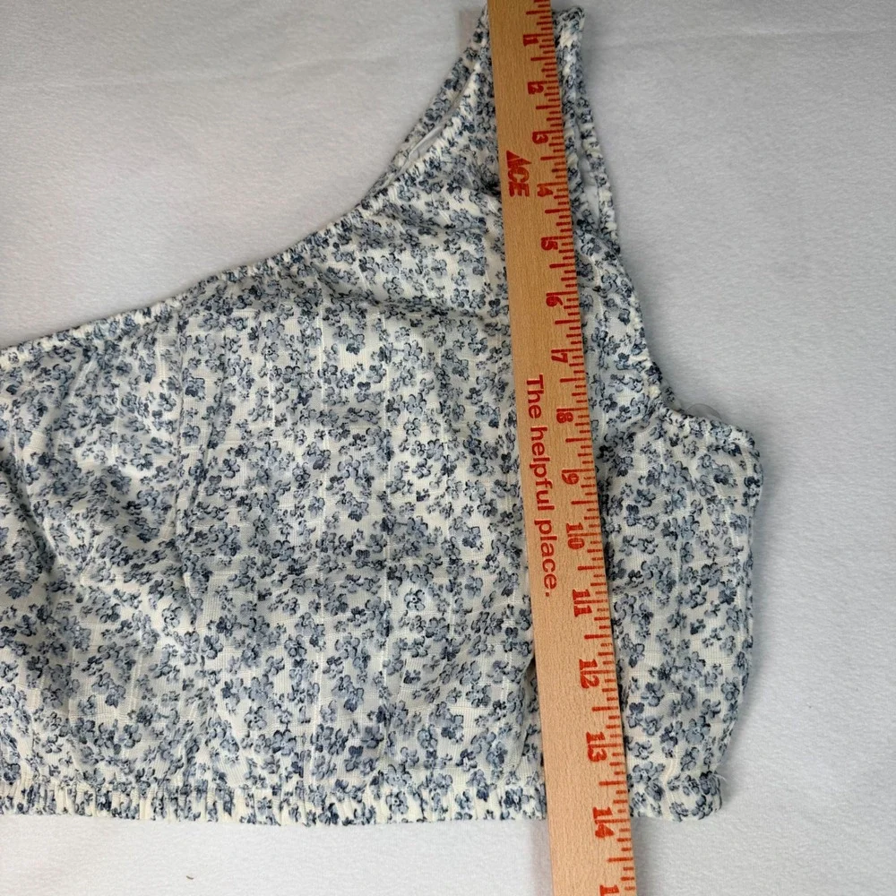 American Eagle Women One Shoulder Crop Top S Blue Floral Smocked 035-2351-5023